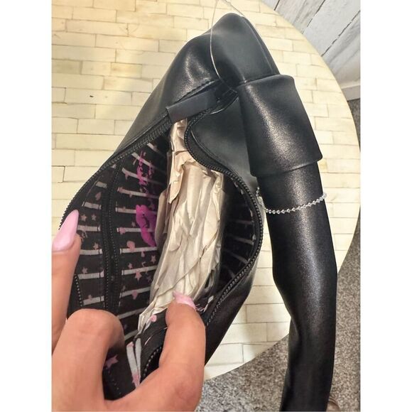 Betsey Johnson Black Faux Leather Shoulder Bag | Soft Hobo Purse with Kiss Print - Picture 6 of 7